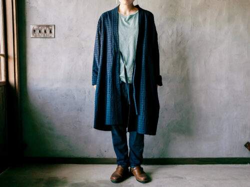 HAORI LONG チェックネイビー/うなぎの寝床