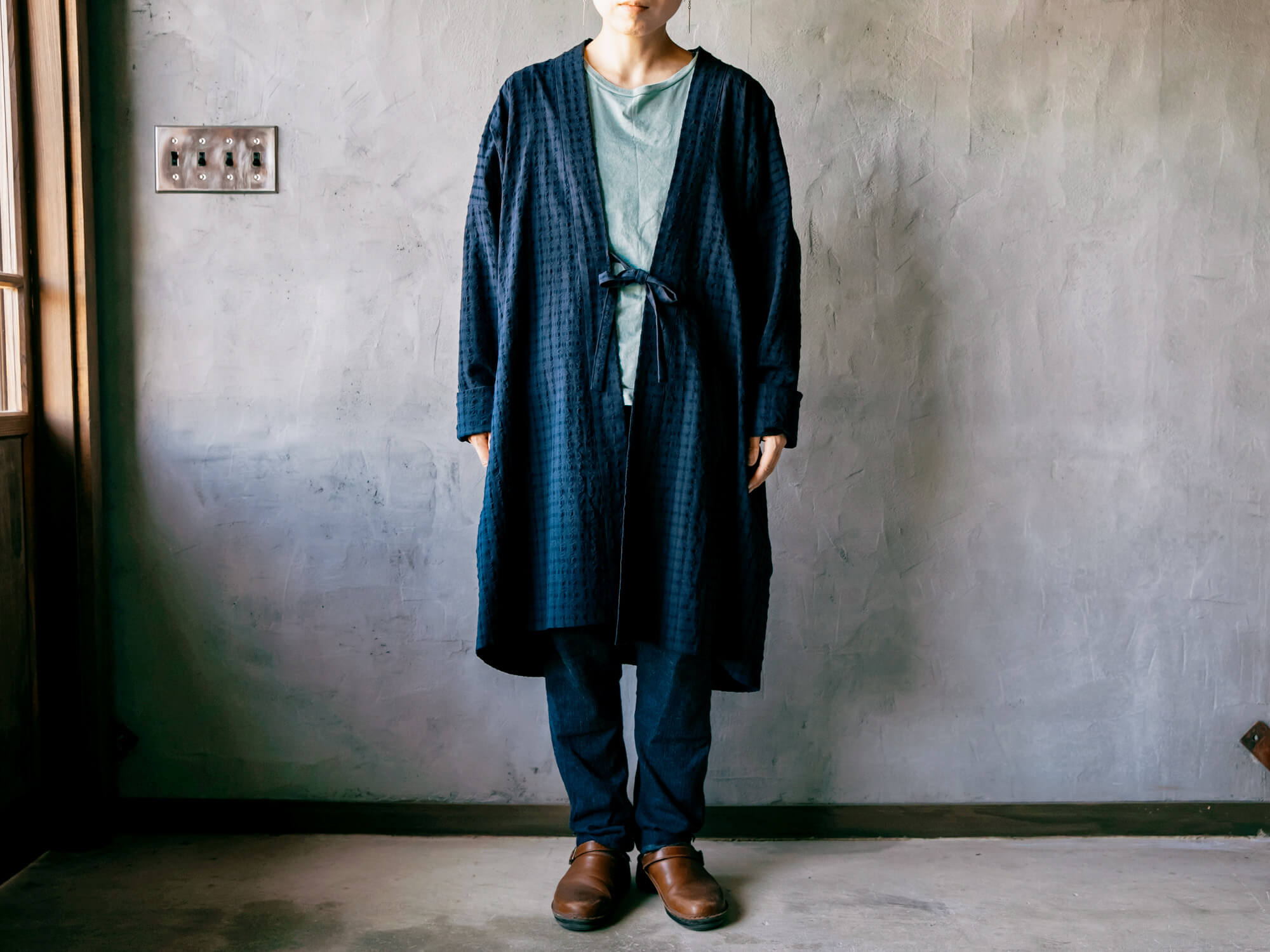 HAORI LONG チェックネイビー／うなぎの寝床