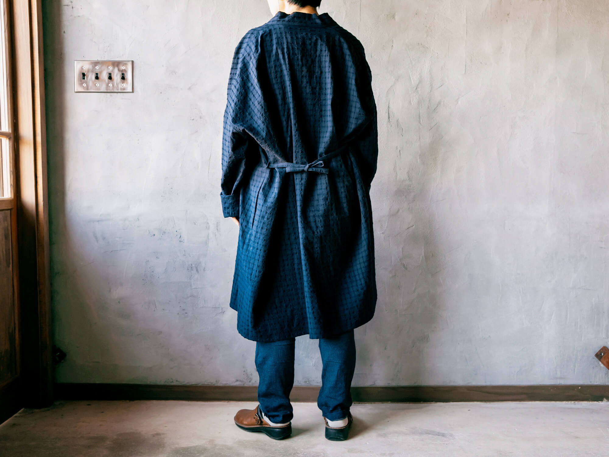 HAORI LONG チェックネイビー／うなぎの寝床