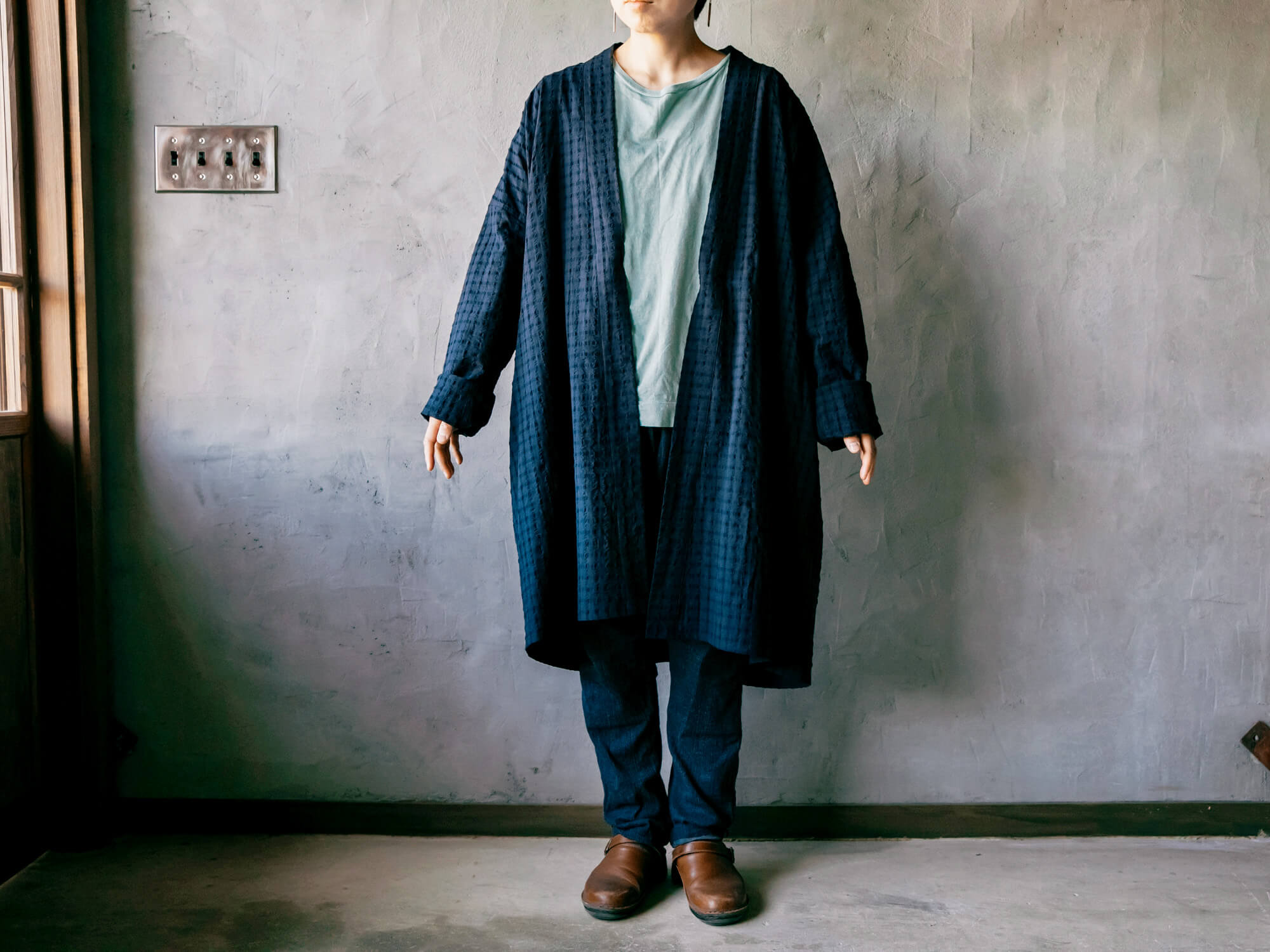 HAORI LONG チェックネイビー／うなぎの寝床